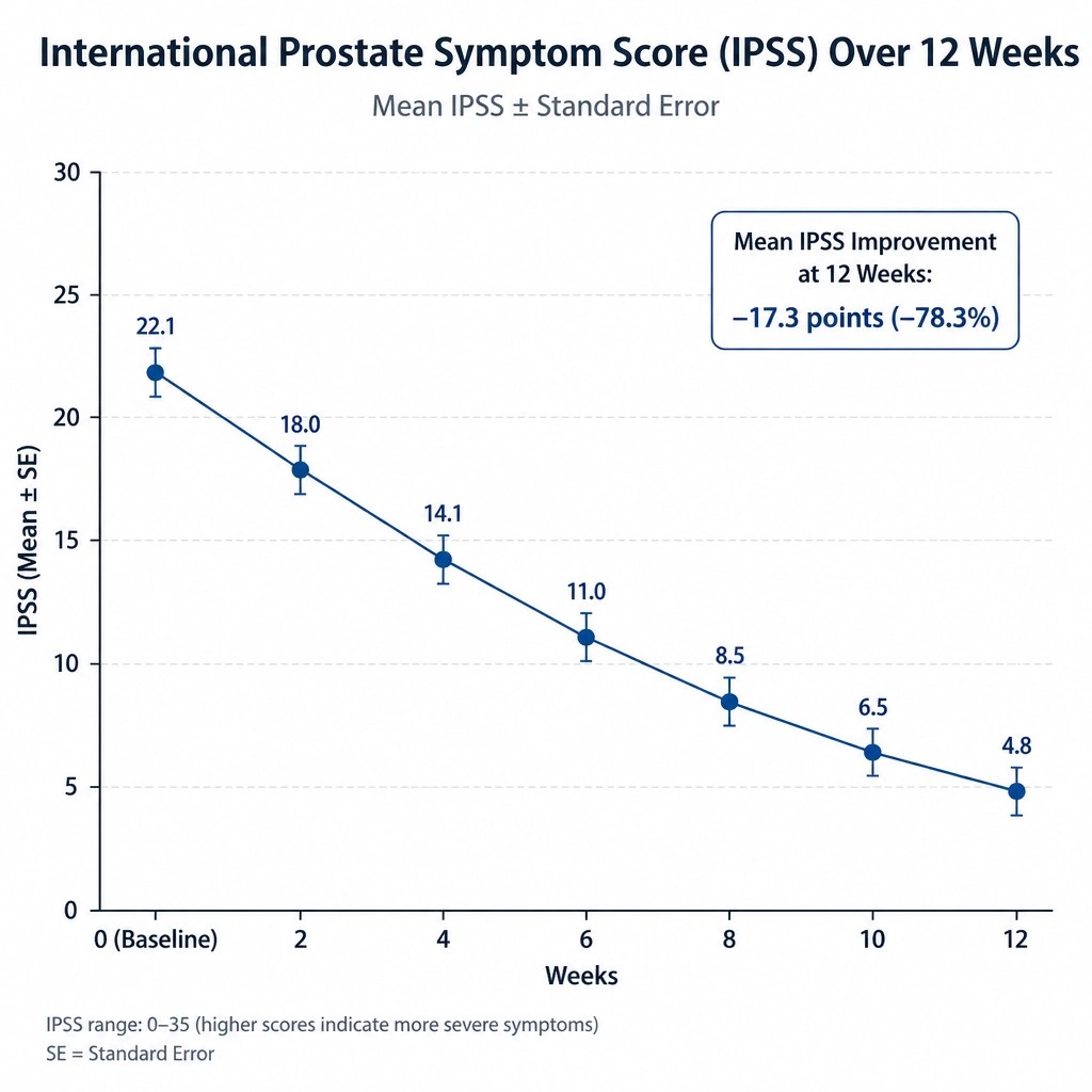 International Prostate Symptom Score (IPSS) chart showing a clear downward trend in symptoms over 12 weeks