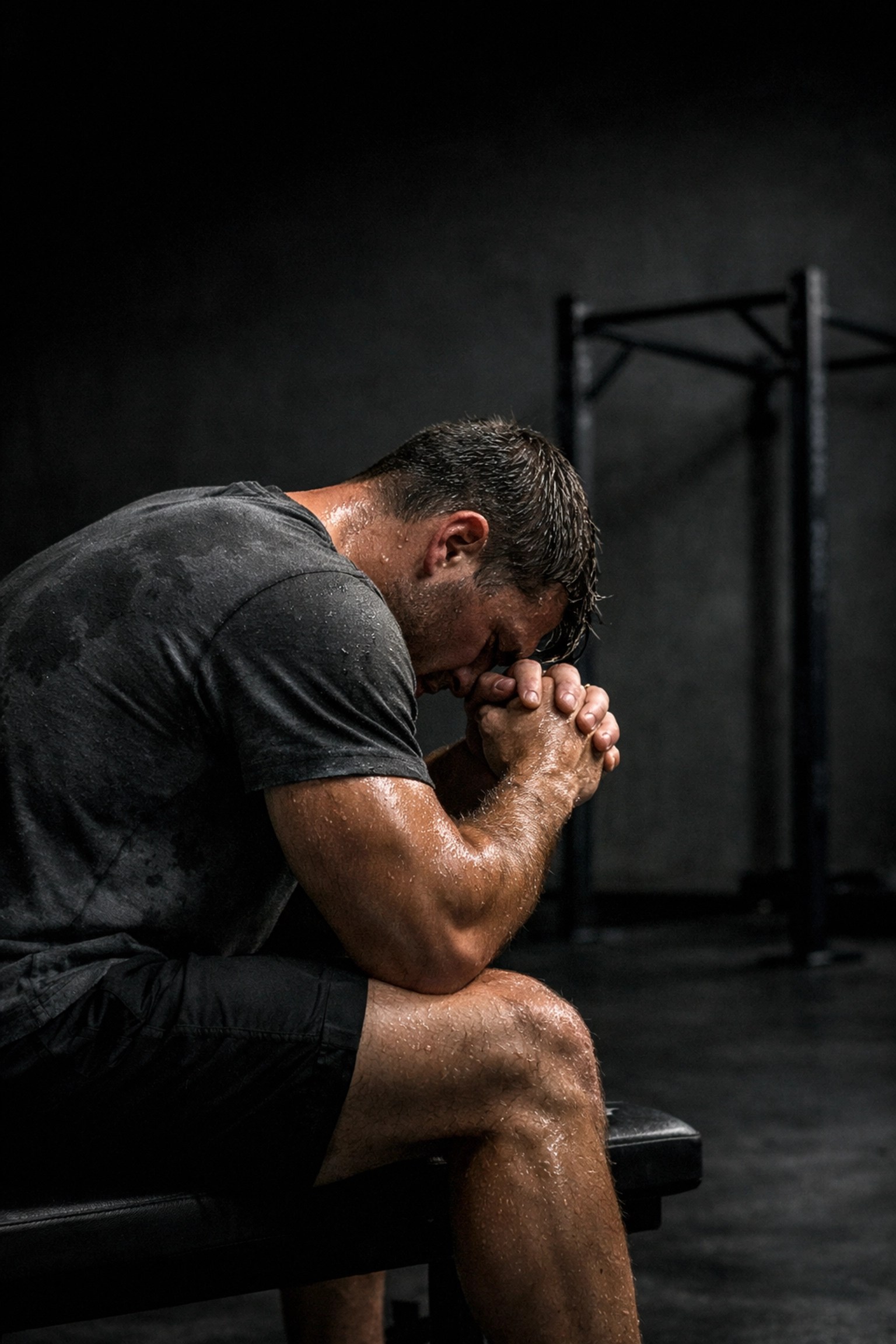 Exhausted athlete resting on a weight bench after an intense workout to prioritize muscle recovery.