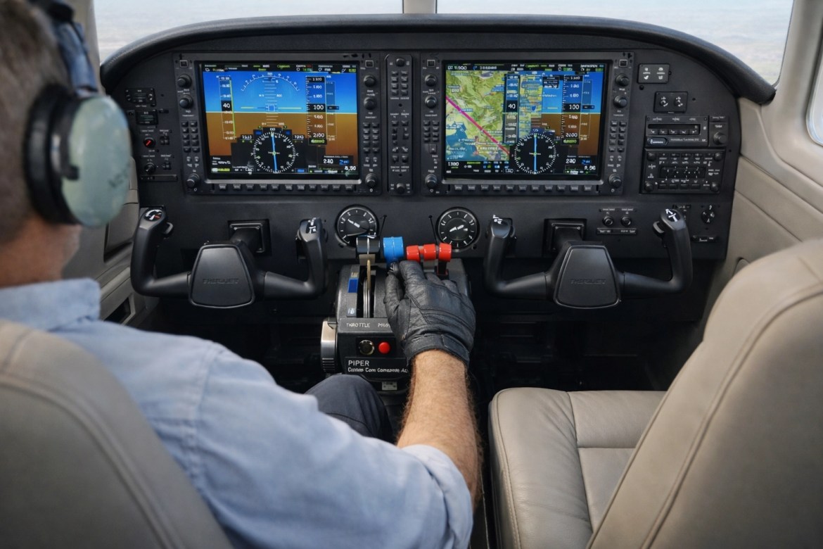 The Fastest Way to Get Your Multi-Engine Add-On (Without Failing Your Checkride) Pilot adjusting throttles in a modern G1000-style twin-engine cockpit during accelerated multi-engine flight training for a checkride, showing both front seats in the PA-30 cabin.