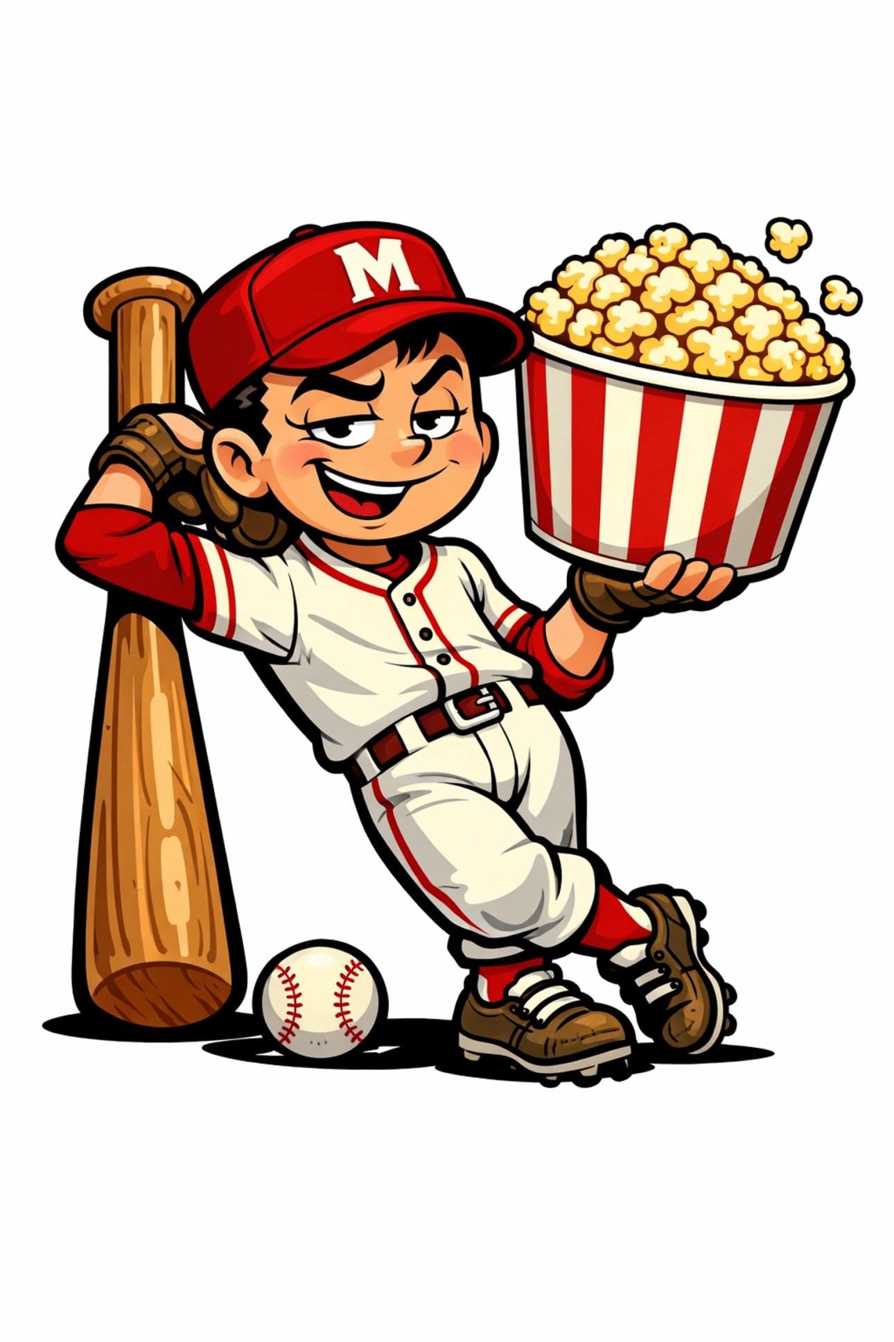 Ironic baseball mascot leaning on a bat with popcorn in a sarcastic mascot shirt.