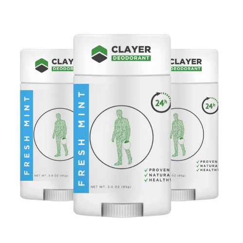 Clayer Deodorant Fresh Mint Three sticks of Clayer Deodorant in Fresh Mint scent are shown. The packaging highlights 24-hour protection and features claims of being proven, natural, and healthy.
