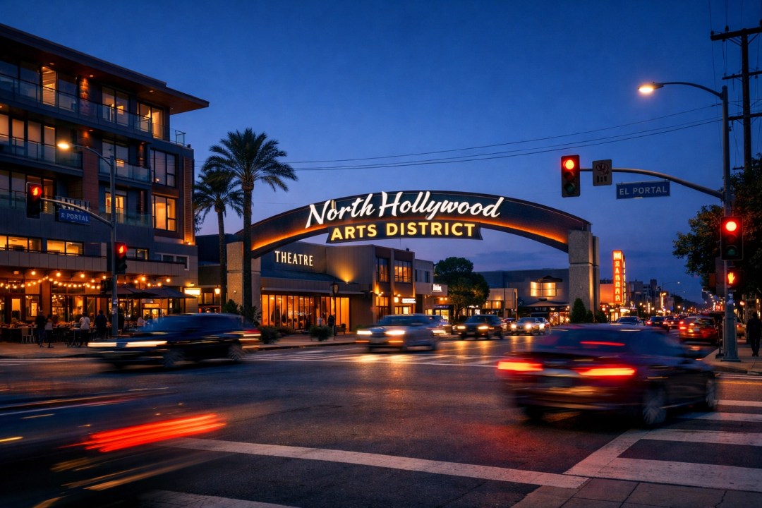 Street scene in the North Hollywood Arts District highlighting the busy urban environment.