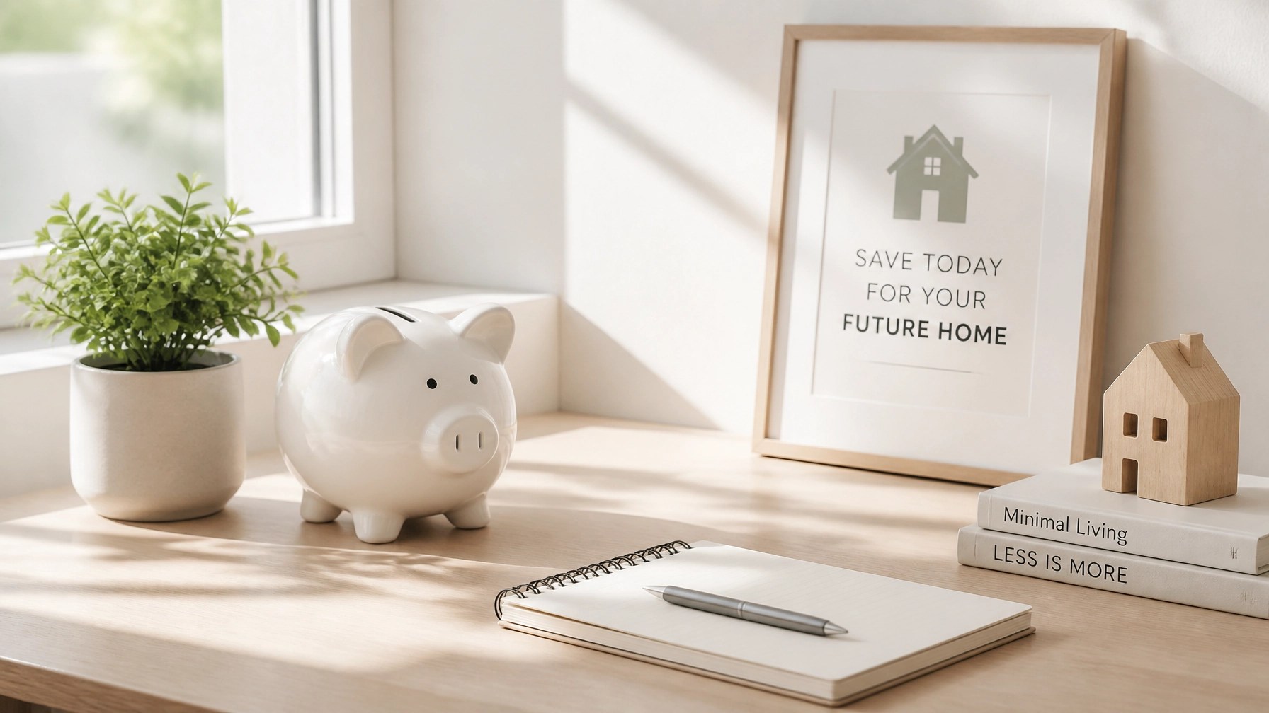 Minimalist desk with a ceramic piggy bank and a small plant representing savings