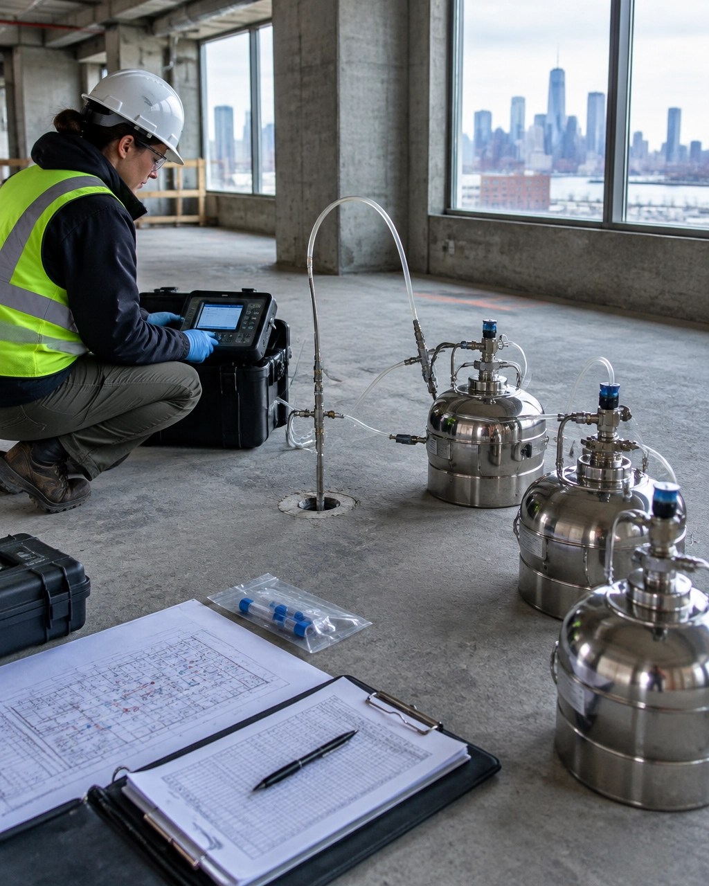 Environmental field monitoring equipment and sub-slab sampling setup inside an unfinished New Jersey redevelopment building