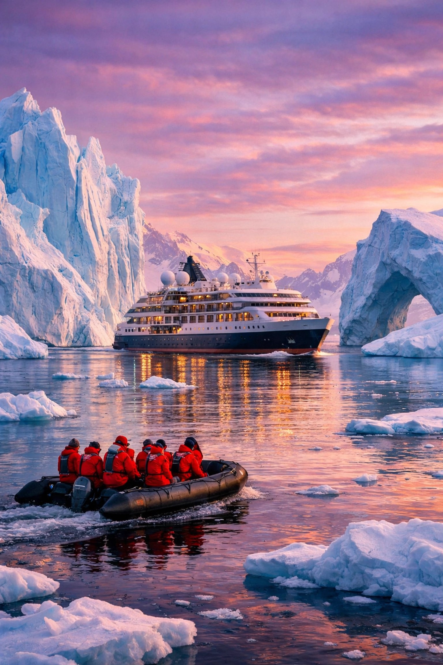 Expedition cruise ship navigating through Antarctic icebergs with zodiac boat exploring glacial waters