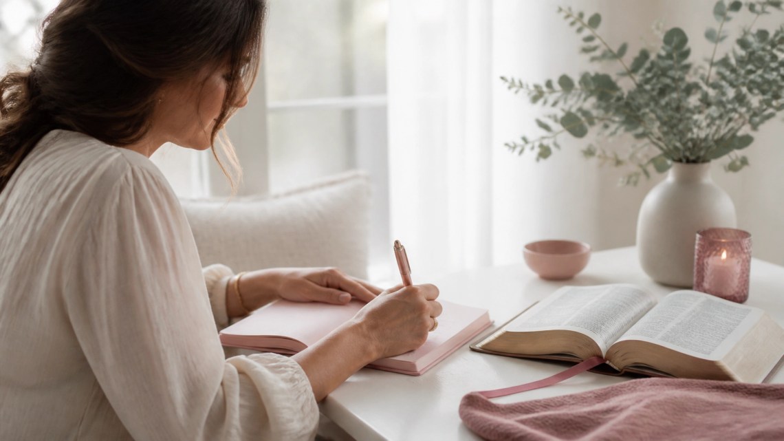 Woman journaling prayers by a bright window with Bible nearby