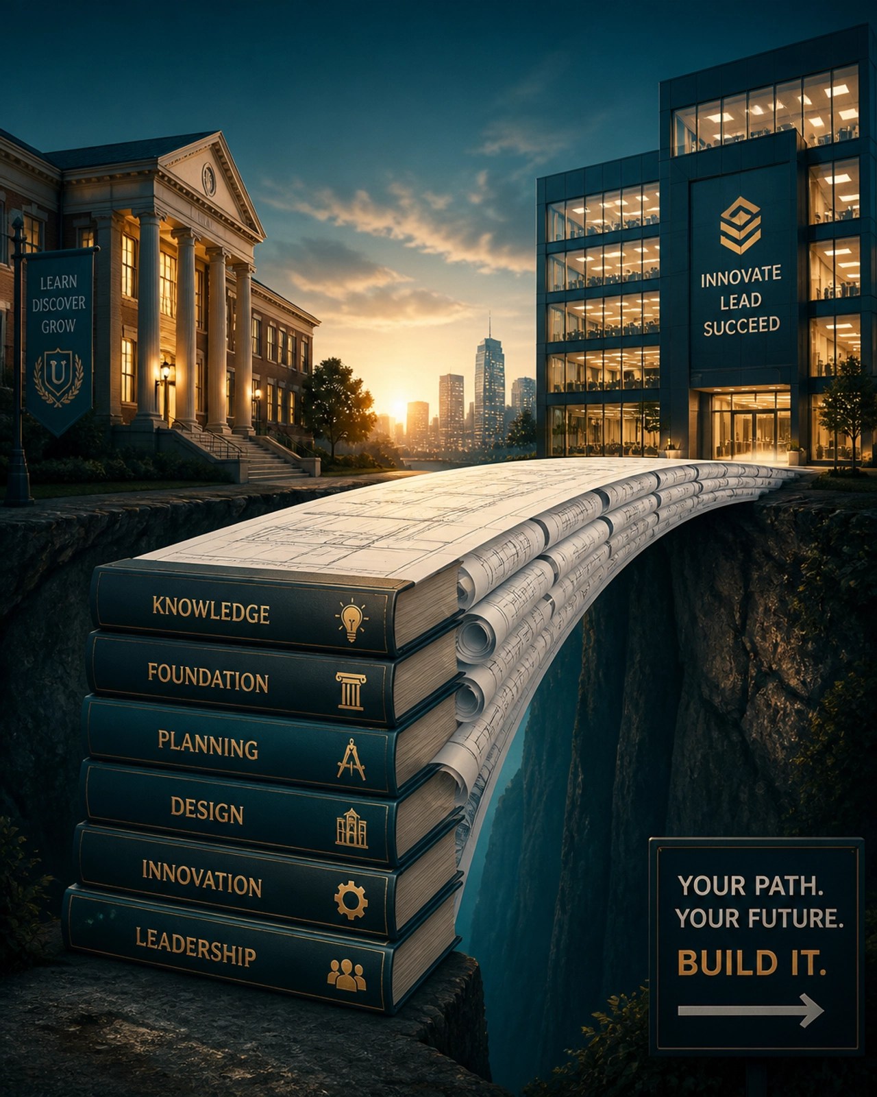 A conceptual bridge connecting a college campus to a professional career, highlighting the strategic local pathways in San Antonio.