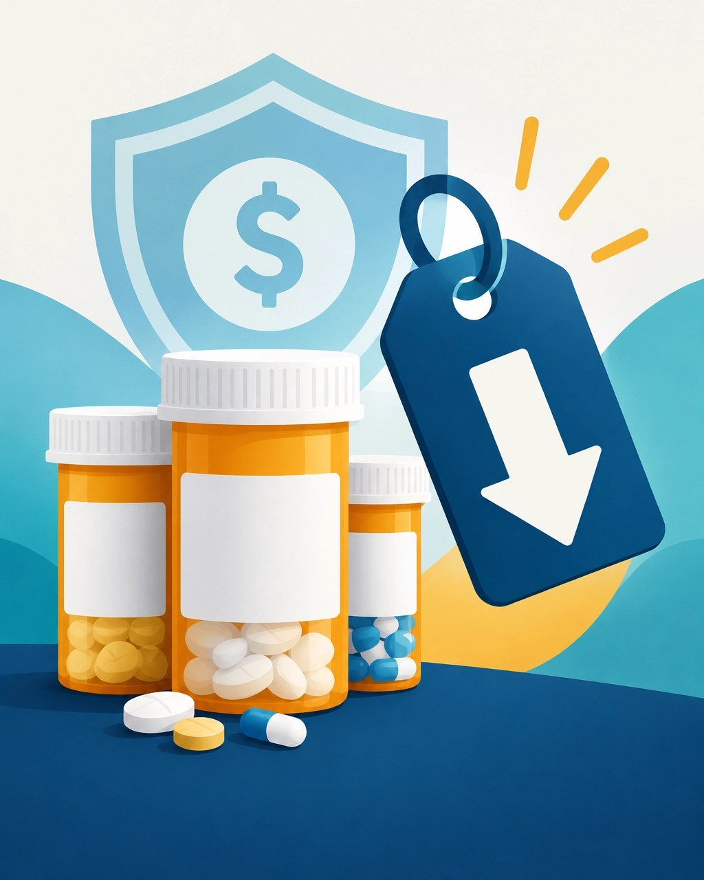 Prescription bottles and savings symbols representing the 2027 Medicare drug price negotiations