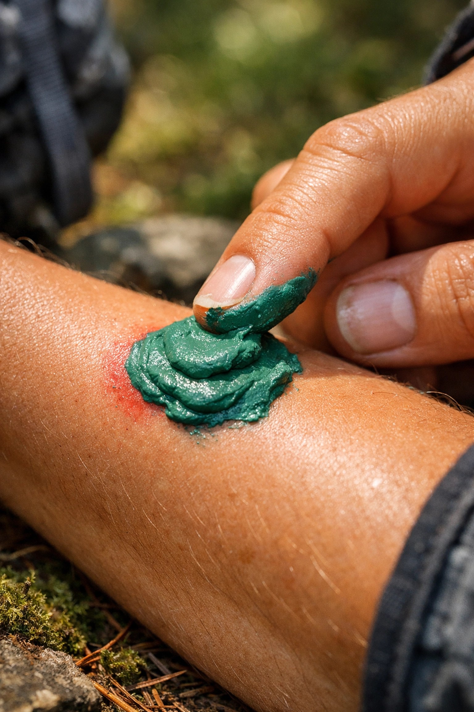 Hiker applying green clay paste to a bug bite for natural relief in a forest setting.