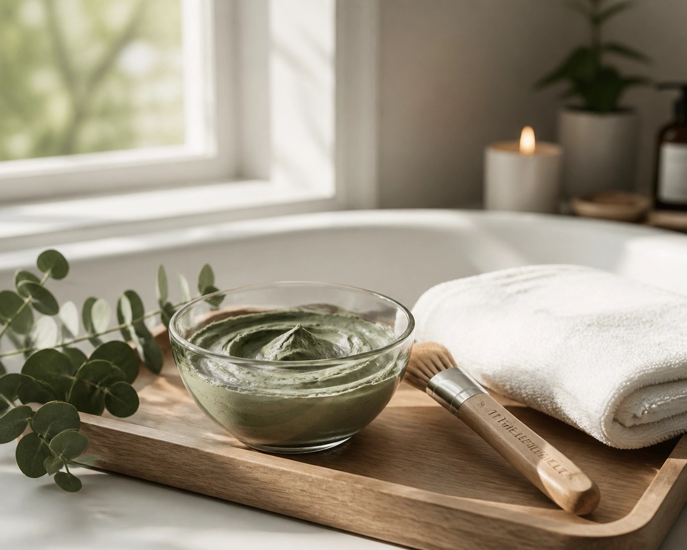 A glass bowl of smooth green clay paste with an applicator brush on a wooden spa tray for self-care.
