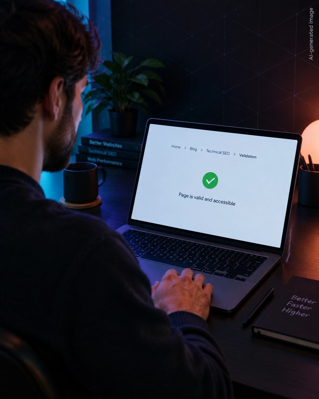 Founder checking a simple breadcrumb validation result on a laptop