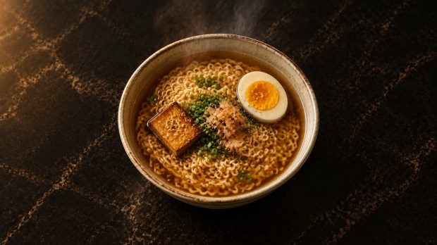 A simple finished Top Ramen bowl with egg, green onions, assorted flakes, and firm braised tofu