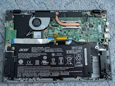 Interior of a laptop being repaired