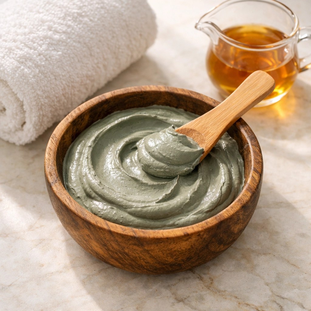 A smooth and creamy bentonite clay mask mixture in a wooden bowl ready for application.