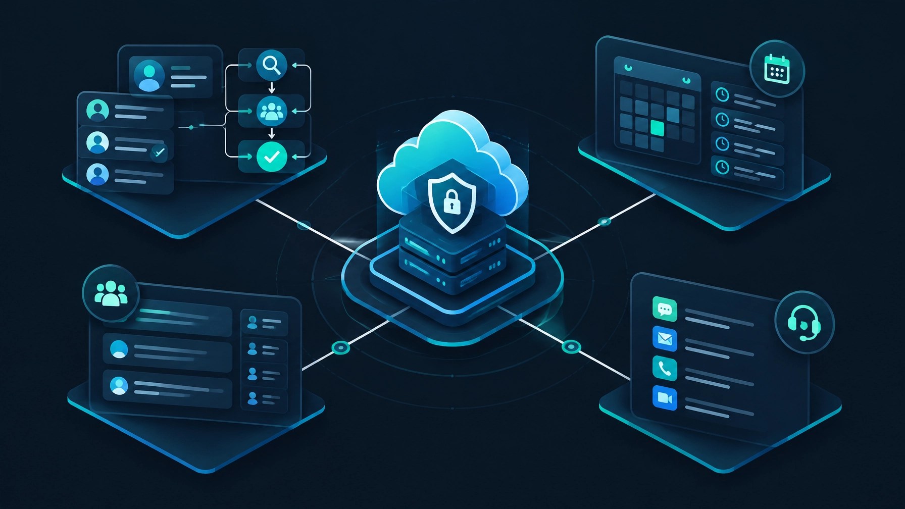 Abstract architectural network connecting recruitment, community, scheduling and support workflows within a managed clinic ecosystem