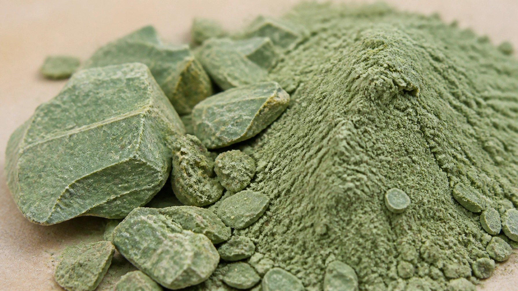 Macro shot of mineral-rich green clay showing its natural texture