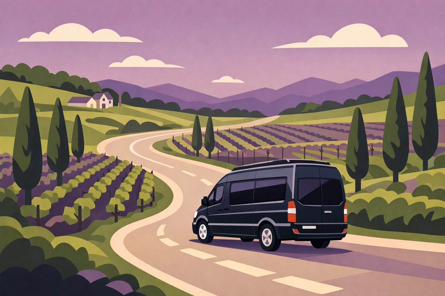 Luxury tour van driving through scenic Virginia wine country roads for a stress-free birthday trip.