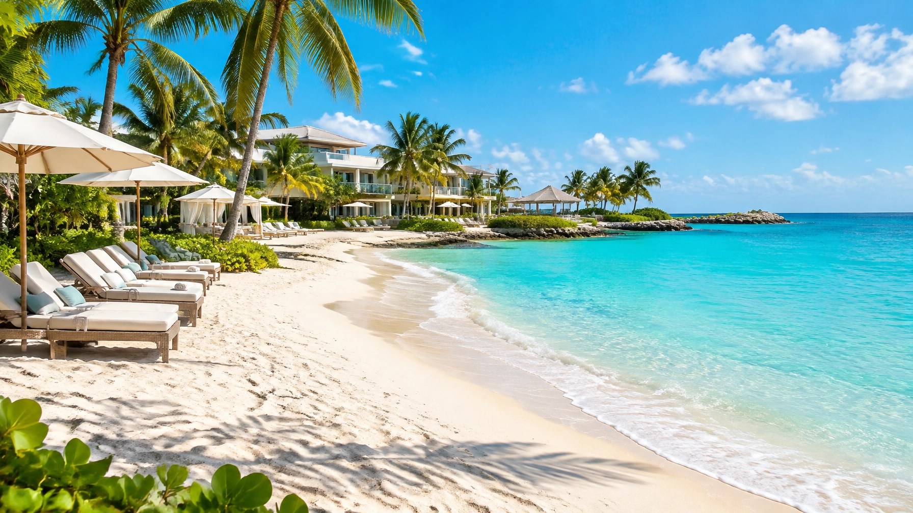 Bright daytime view of a serene all-inclusive beach resort beside turquoise Caribbean water