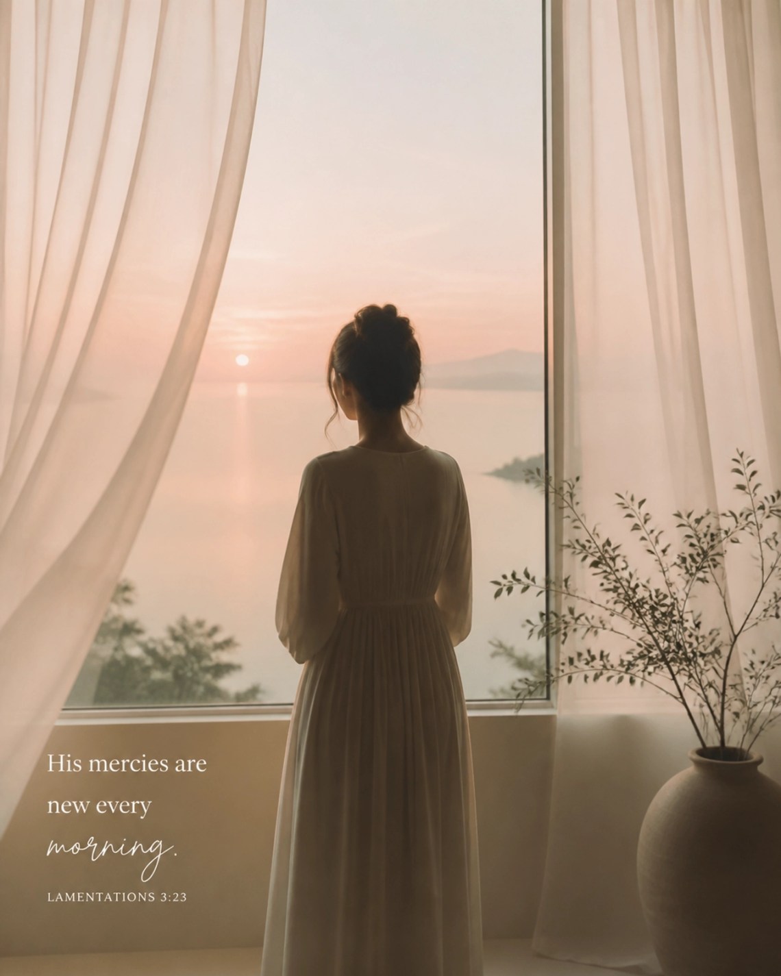 A woman looking out a window at sunrise, symbolizing faithfulness