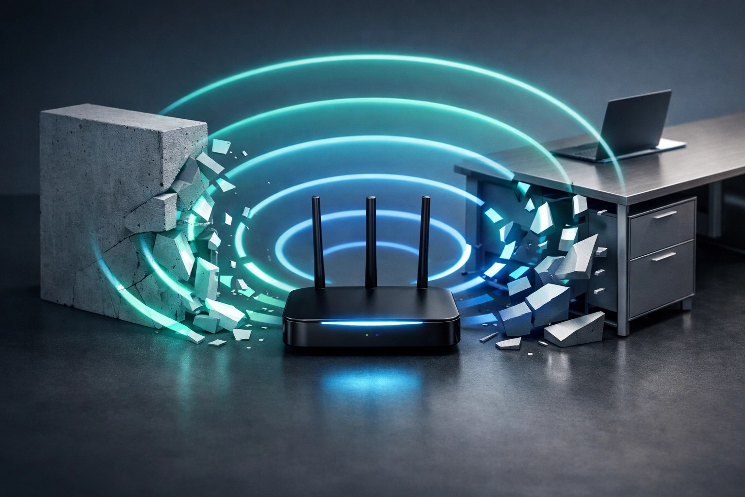 Wi-Fi signal rings fragmented by physical walls and office furniture obstructions.