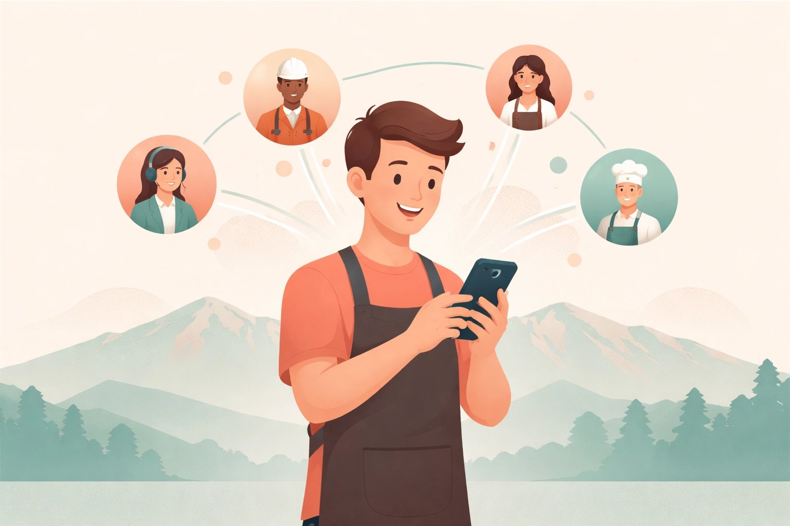 Person in an apron using smartphone, engaging with diverse local professionals, symbolizing networking and referrals in Colorado Springs business community.