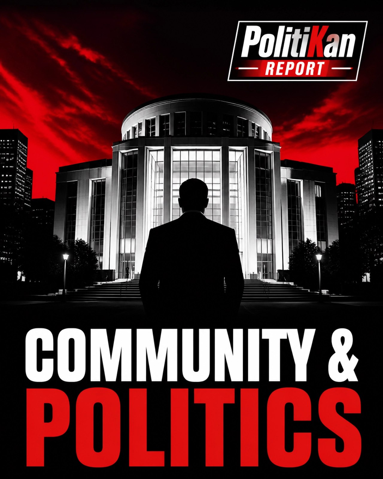 Silhouette of city hall with PolitiKan branding