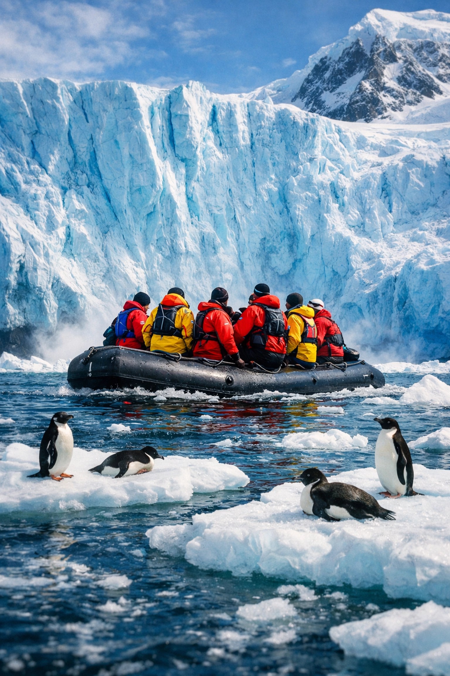 Zodiac boat expedition approaching Antarctic glacier wall with penguins on ice