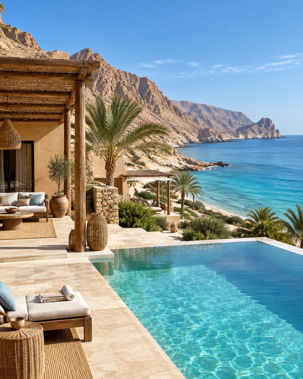 Private Oman coastal retreat between ochre mountains and a turquoise Arabian Sea