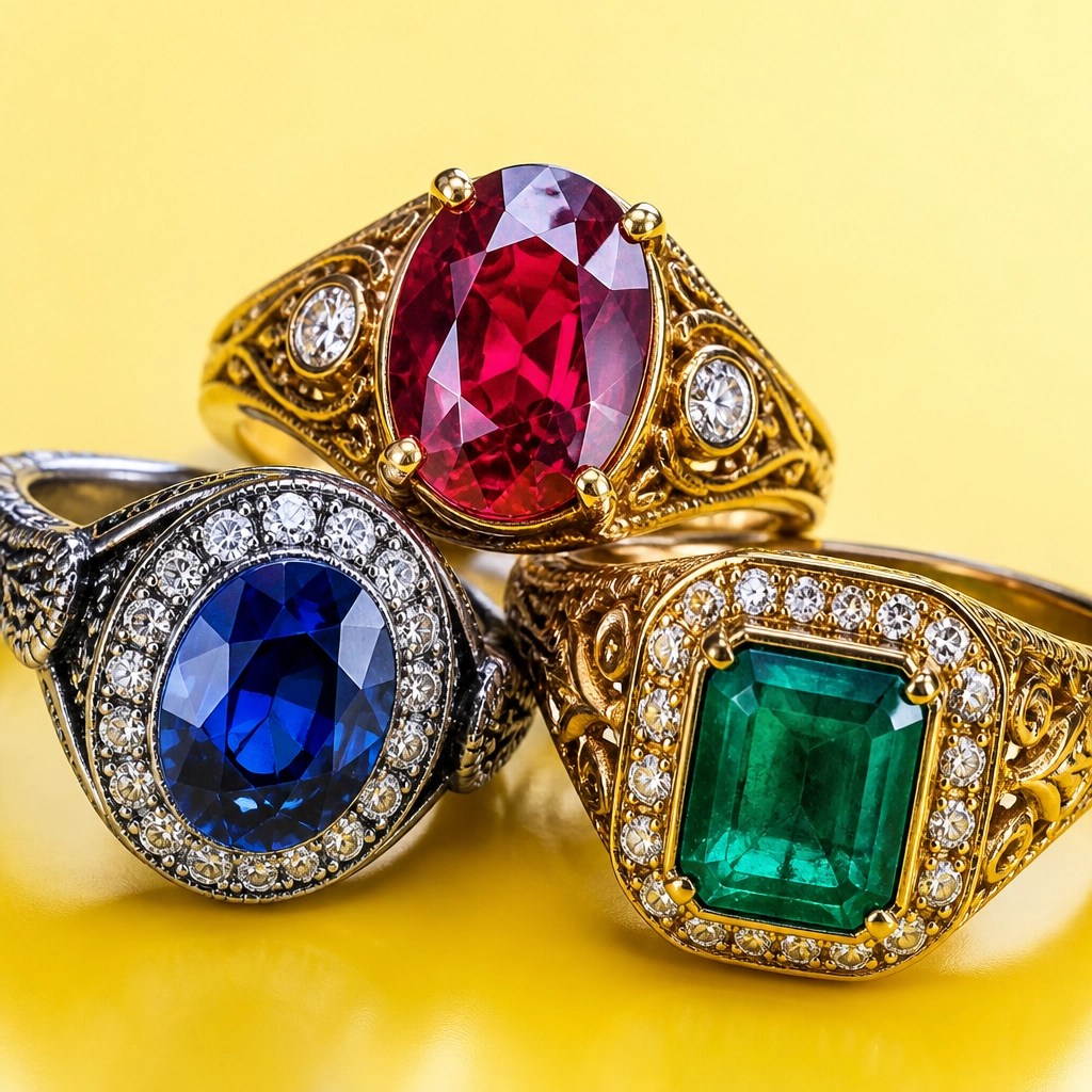 Close-up of natural ruby, sapphire, and emerald gemstone rings in vintage settings