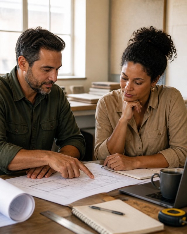 Construction estimator reviewing plans with a company owner Construction estimator and owner reviewing architectural drawings and a bid checklist