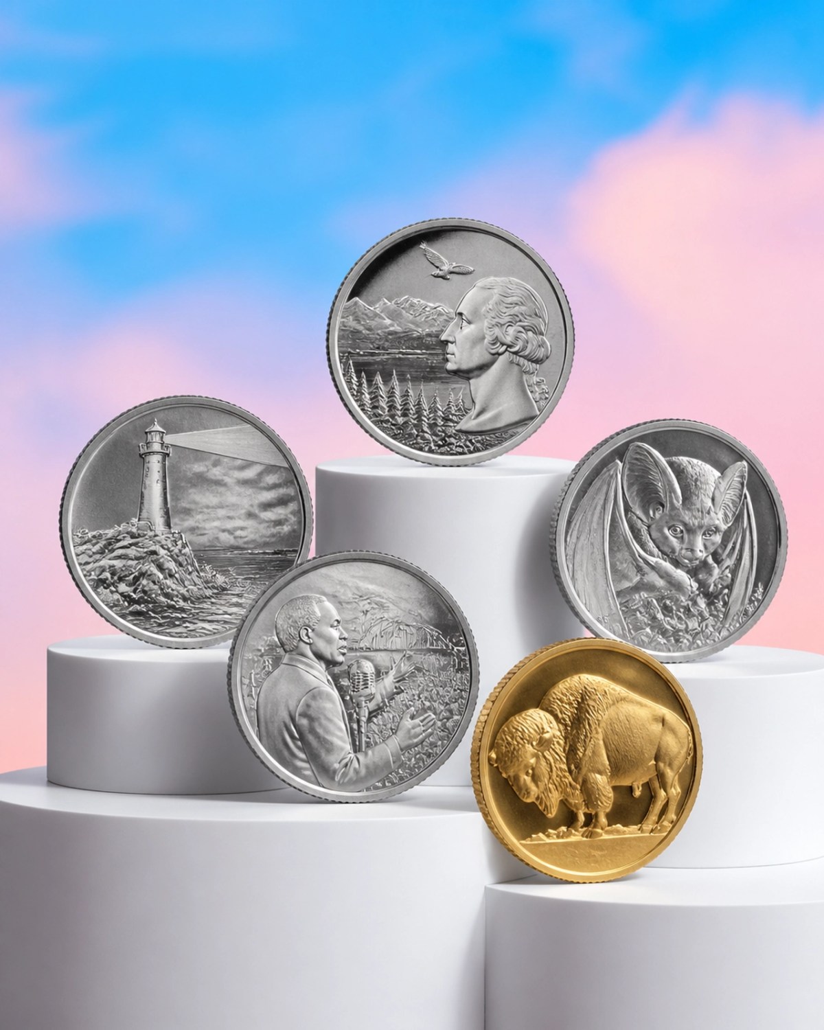 A collection of 2026 US Mint commemorative coins and a gold buffalo coin on a sky blue and pink pastel background