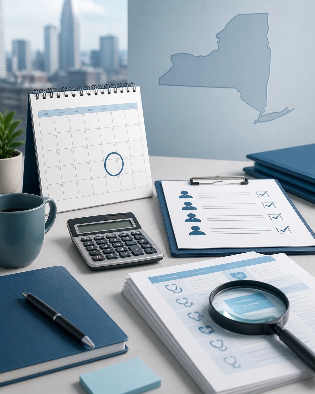 Calendar, calculator, and employee enrollment checklist for a New York health insurance renewal
