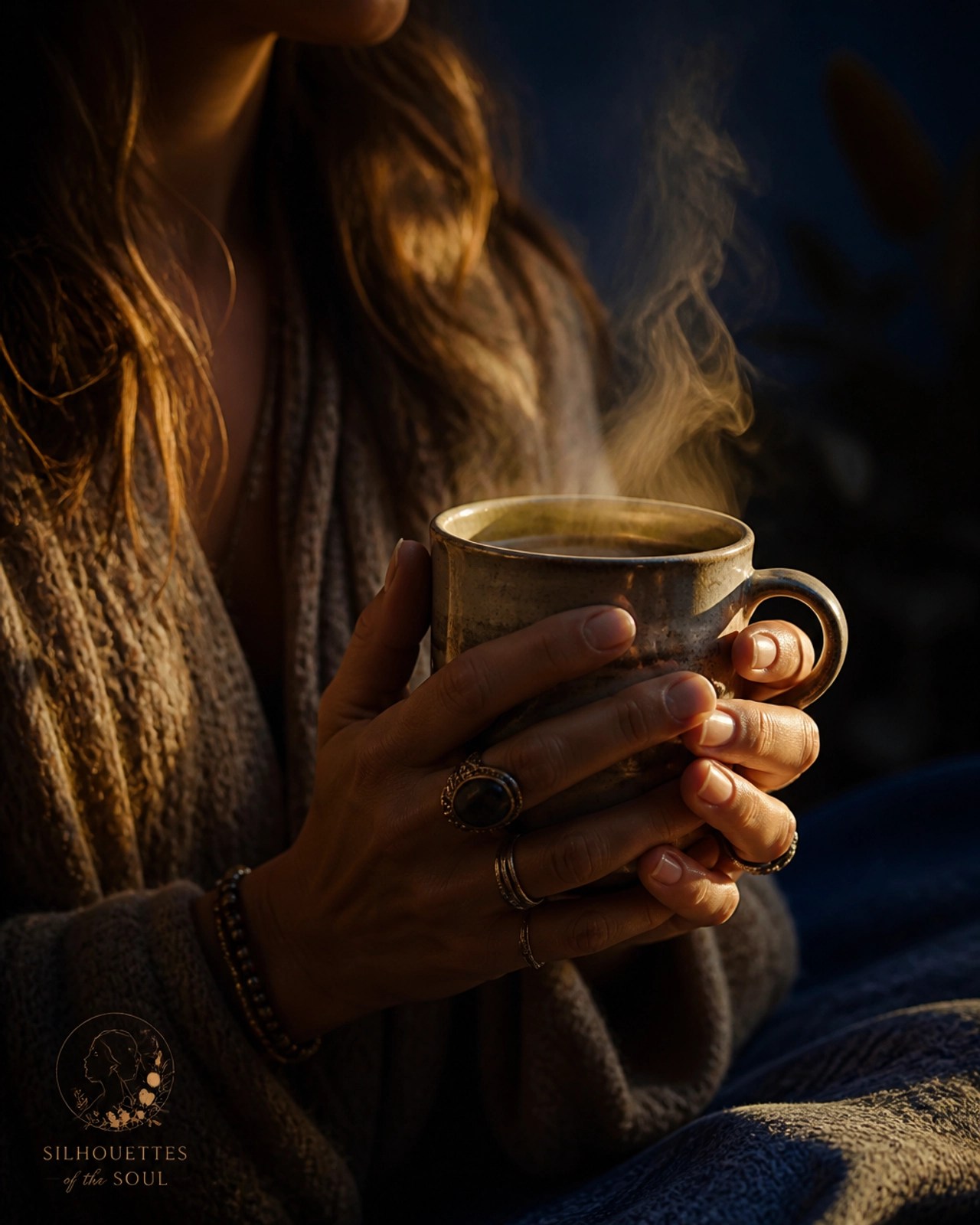 A peaceful moment of reflection, a woman's hands holding a warm mug, representing the need to pause and tune out the noise.