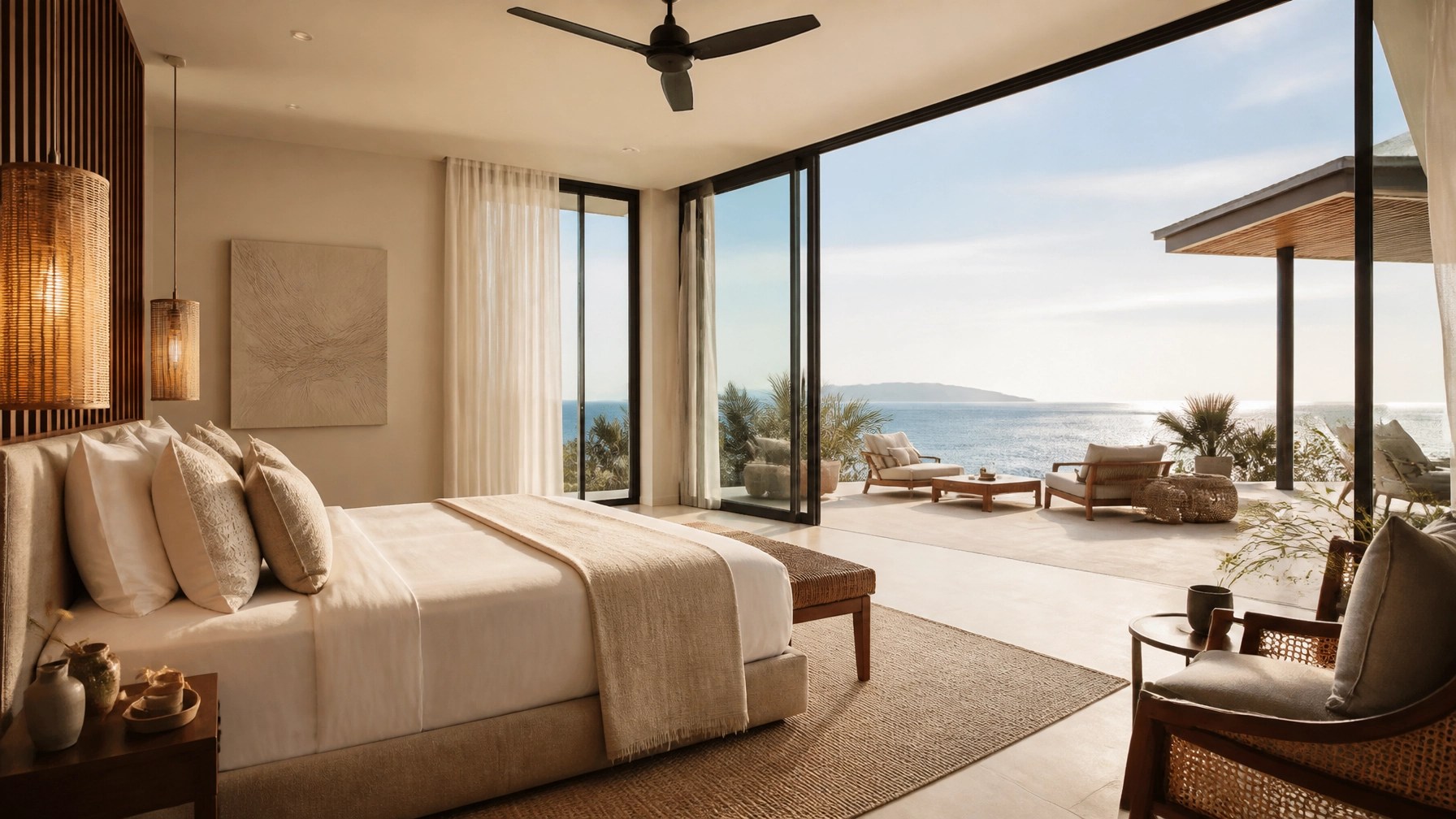 High-end luxury villa bedroom suite with floor-to-ceiling glass doors opening to a private terrace and ocean view, filled with warm sun-drenched light and sophisticated resort style.