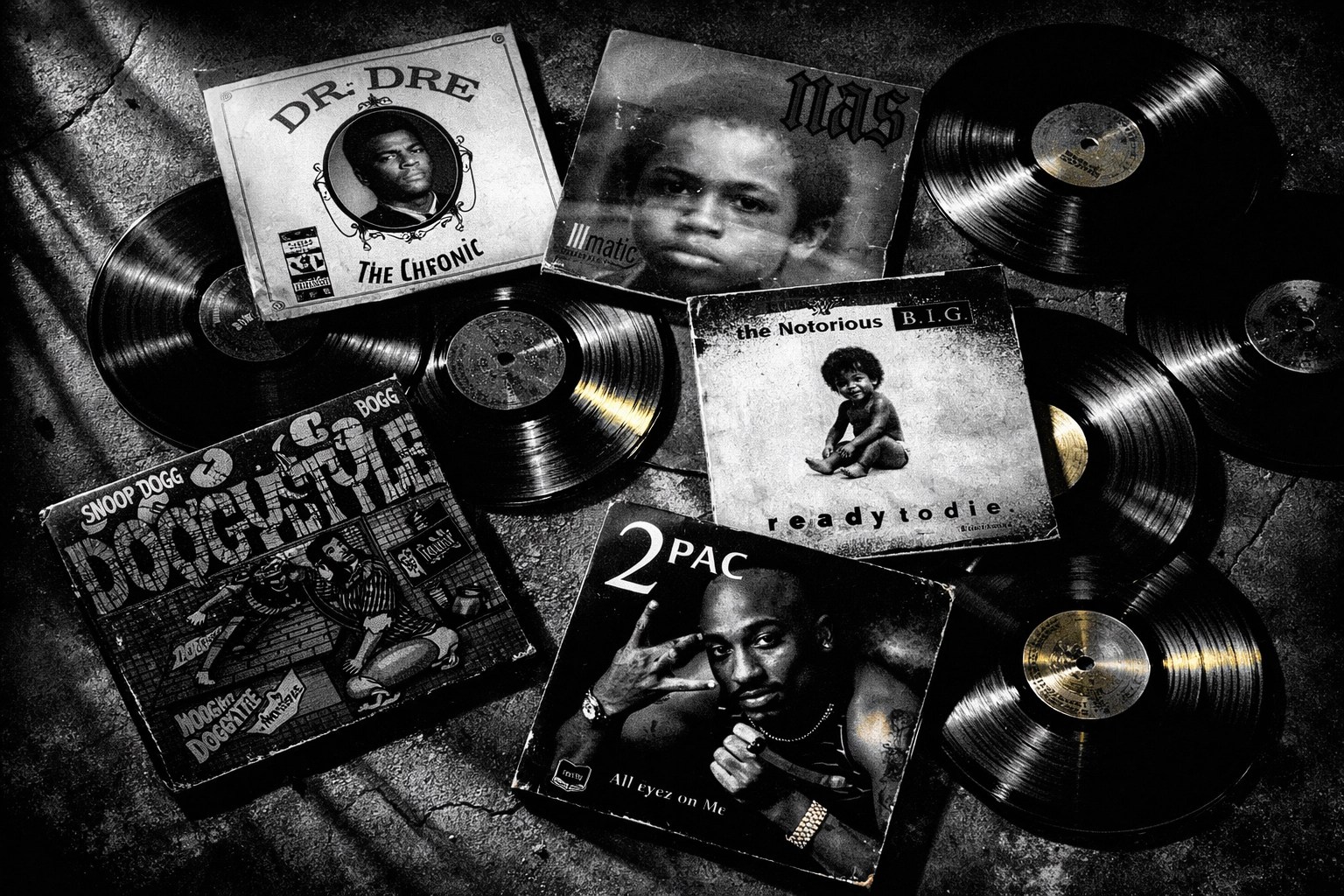 Vintage 90s hip hop vinyl records representing West Coast and East Coast rap legacy and culture