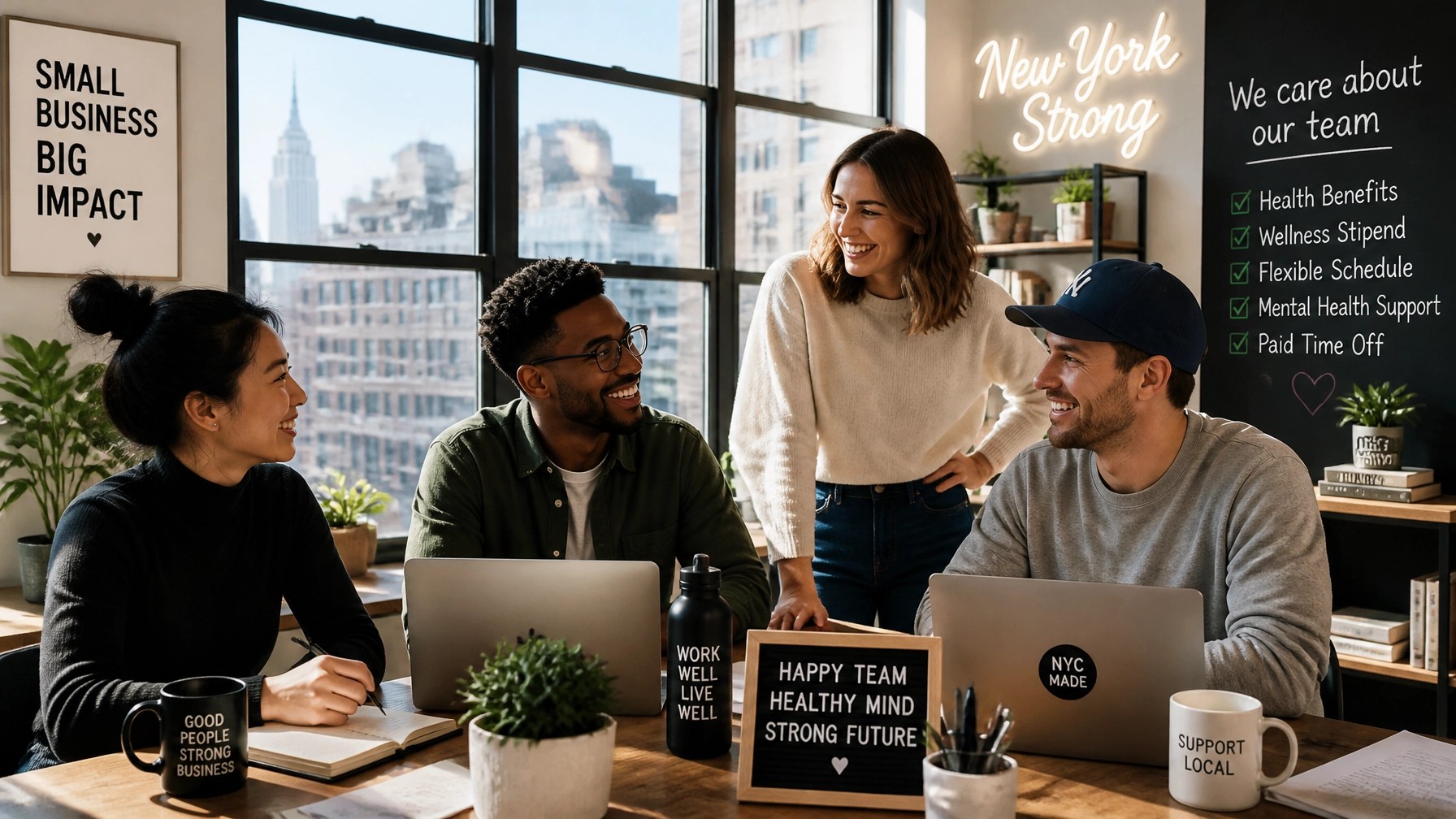 Happy New York small business team collaborating