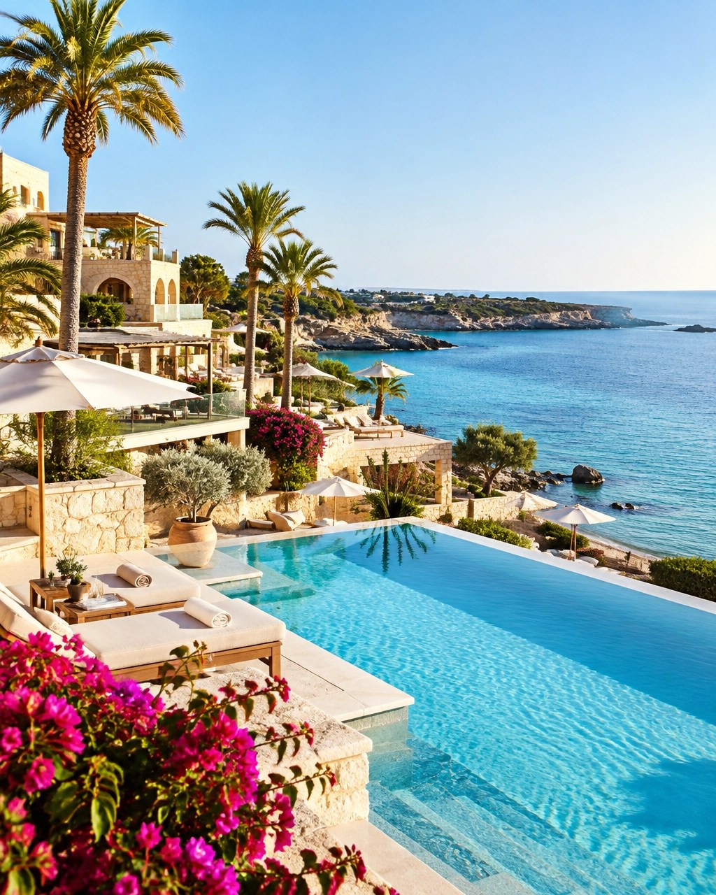 Elegant Cyprus all-inclusive resort beside a calm turquoise bay with a sunlit pool and palms