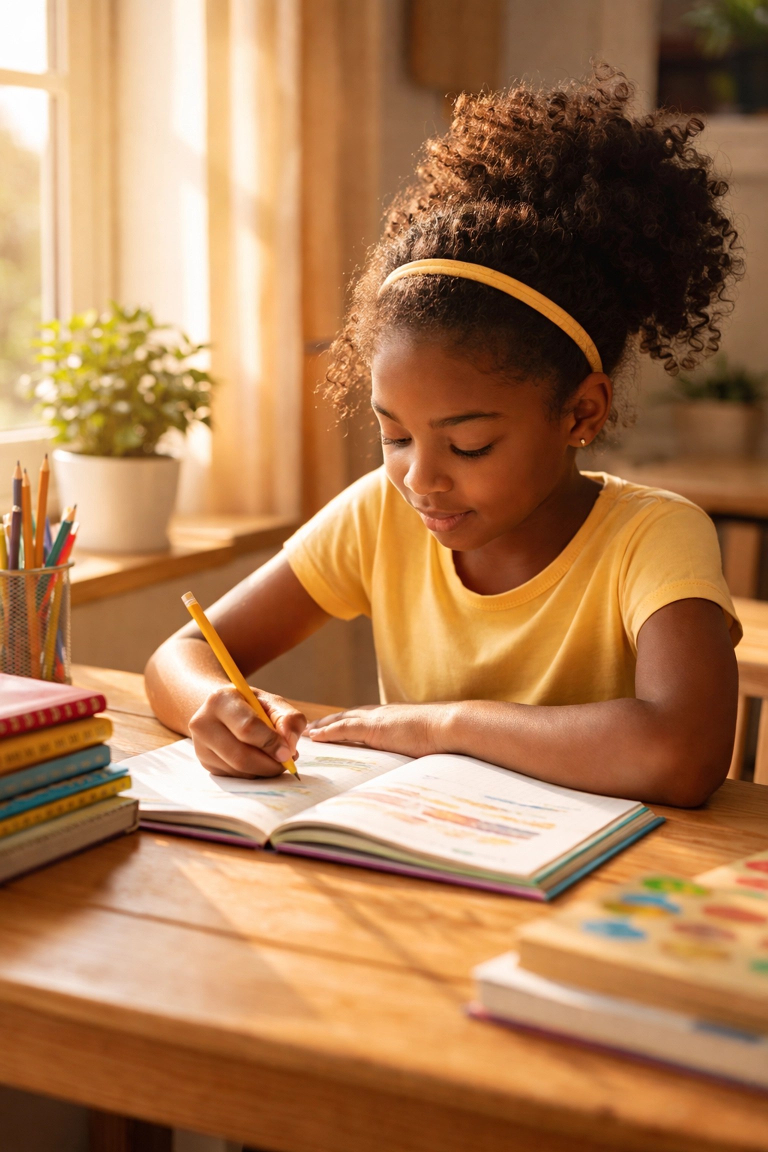 Young Black girl writing in a notebook at her desk, showing the importance of nurturing child writers' creativity