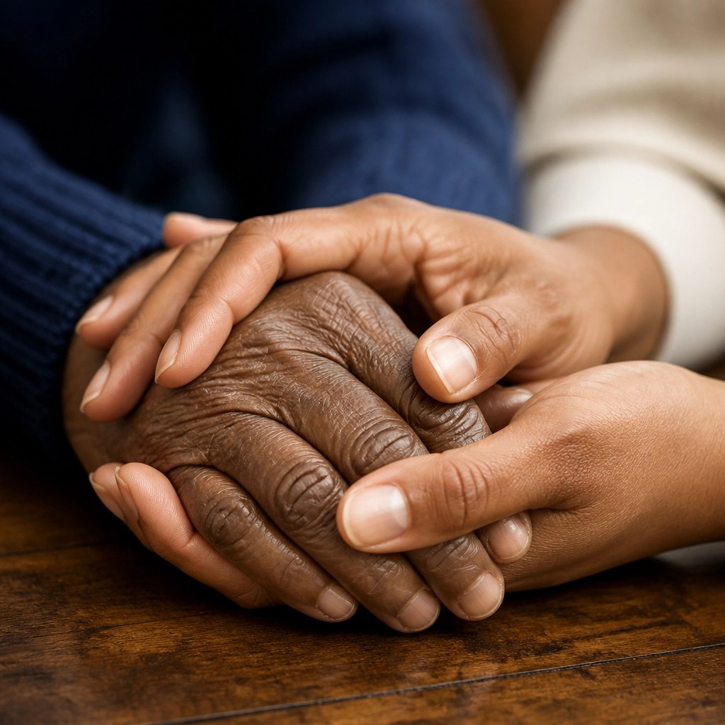 A close-up of an adult child's hand gently holding the hand of an elderly parent, symbolizing the bridge of support through difficult conversations.