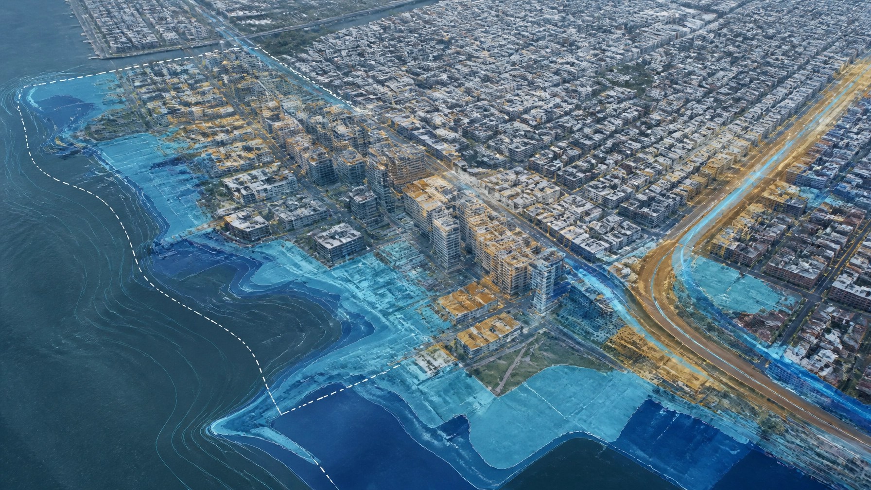 Aerial urban redevelopment view with GIS overlays for flood inundation, sea-level rise, traffic corridors, and environmental risk pathways