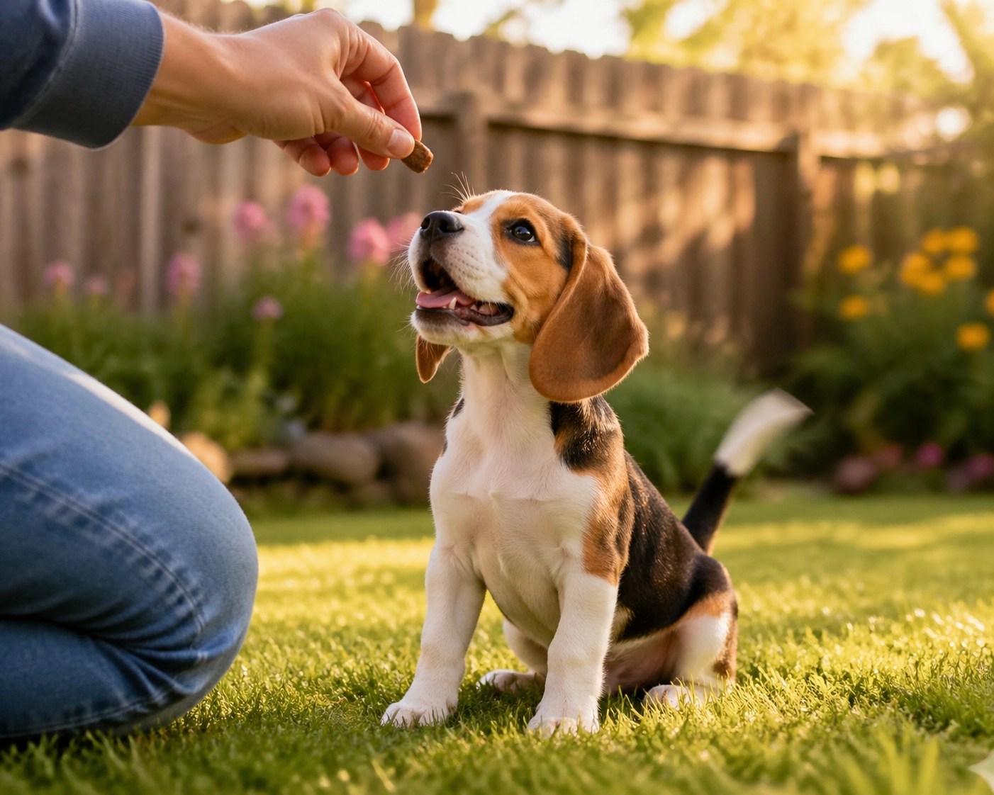 Happy Beagle puppy receiving a treat on a lawn during a positive reinforcement at-home training session.