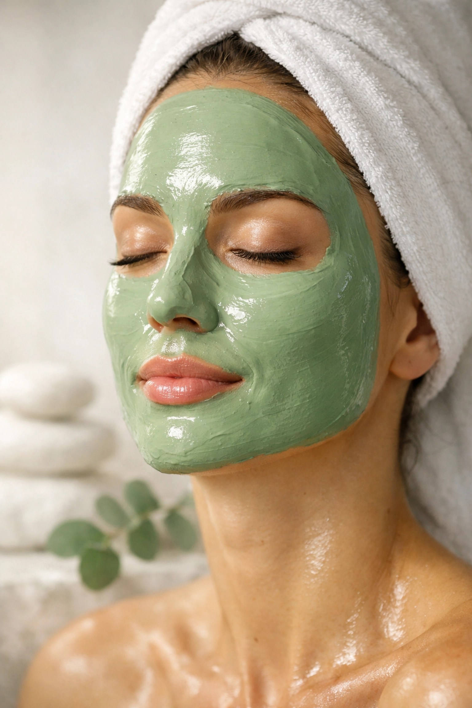 A person with a smooth, triple-purified green clay face mask for natural skin detox.