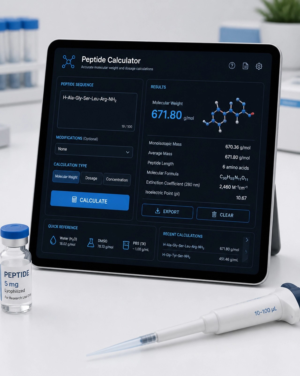 Research environment showing the WLA Peptide Calculator on a tablet