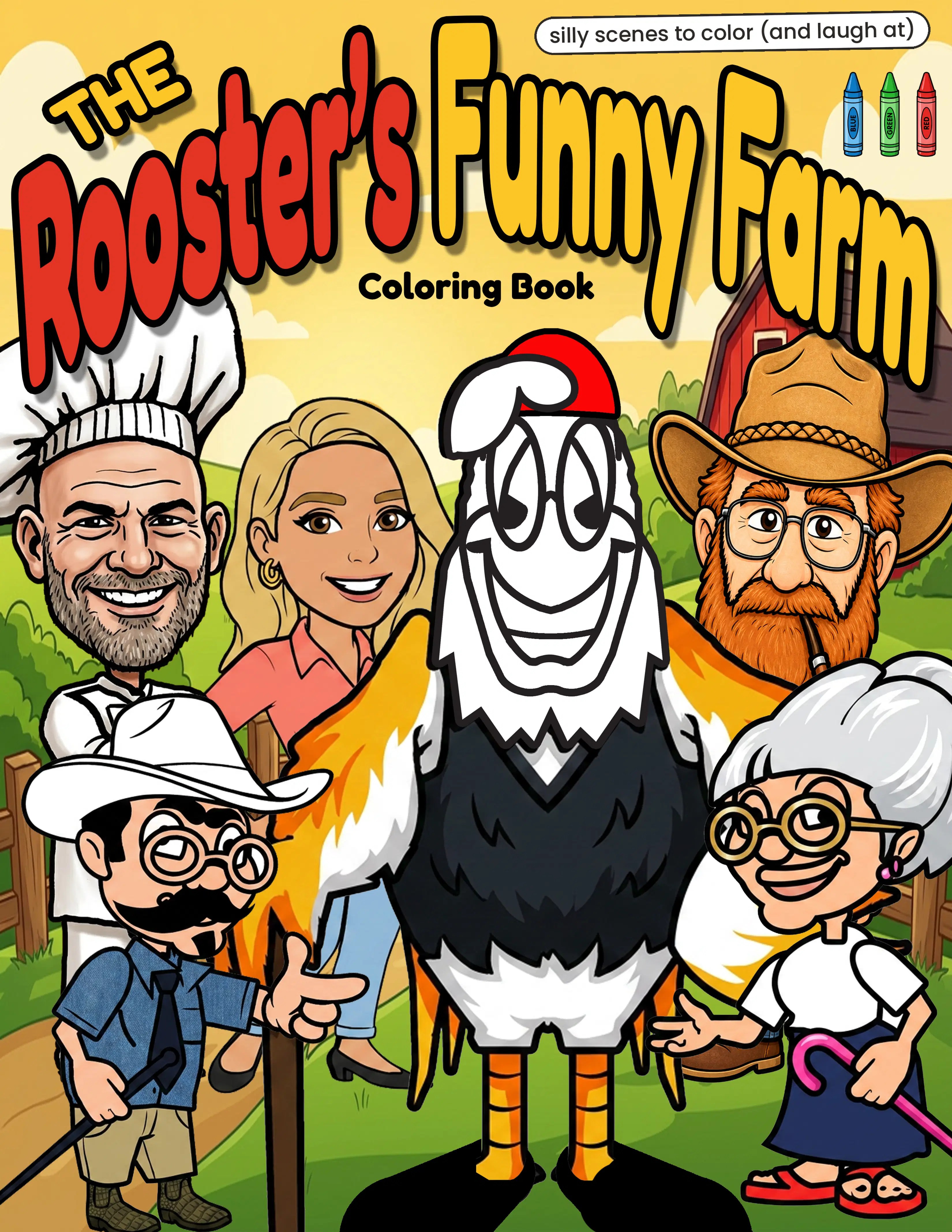 The Rooster's Funny Farm coloring book cover showcasing vibrant rustic character artwork