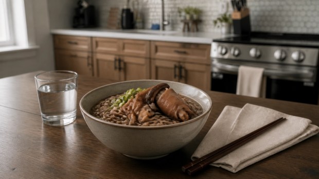 A finished bowl of garlic soba noodles with mushrooms, green onions, and roasted pig feet on a quiet kitchen table