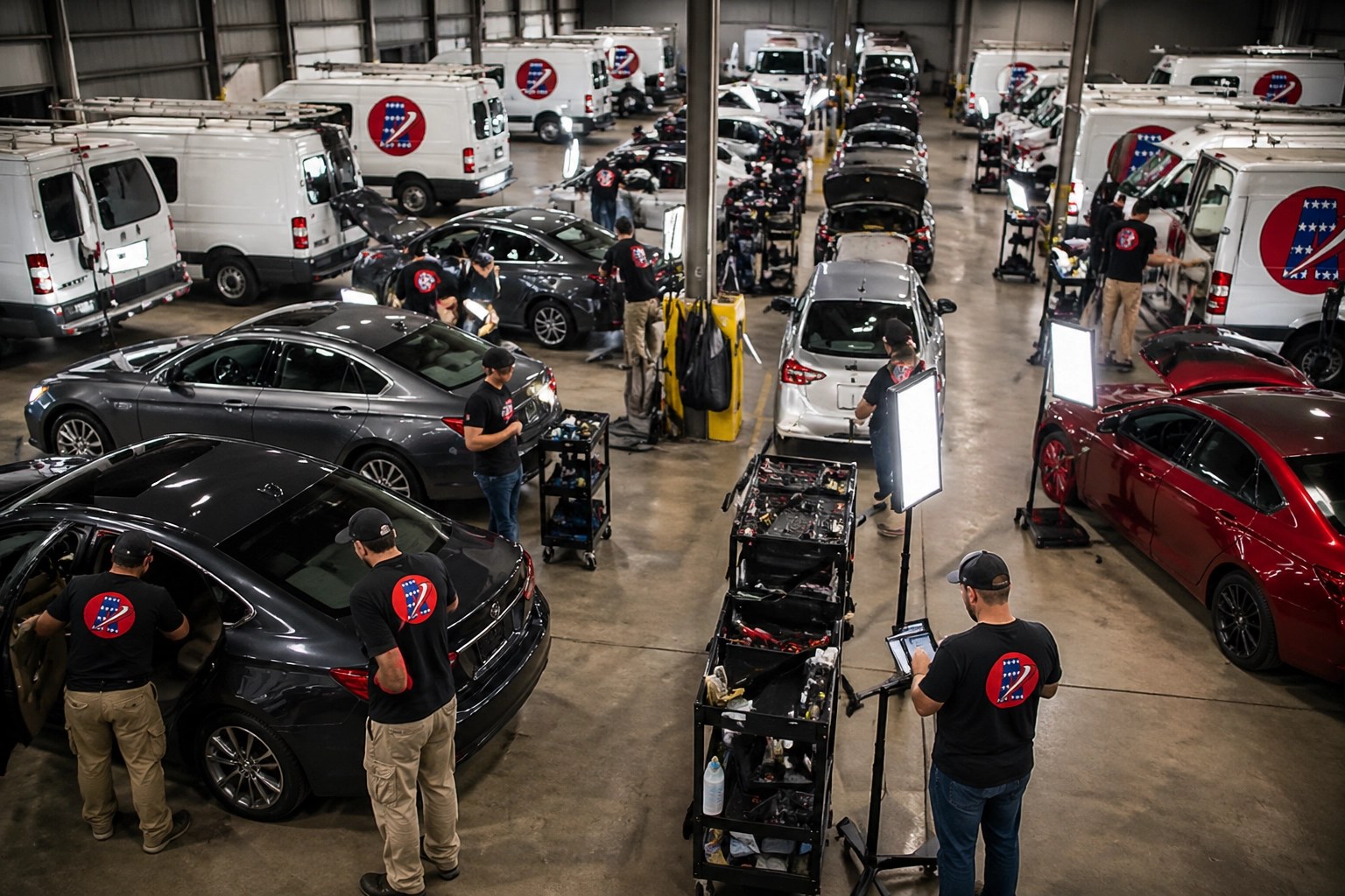 Overhead view of a systemized repair facility