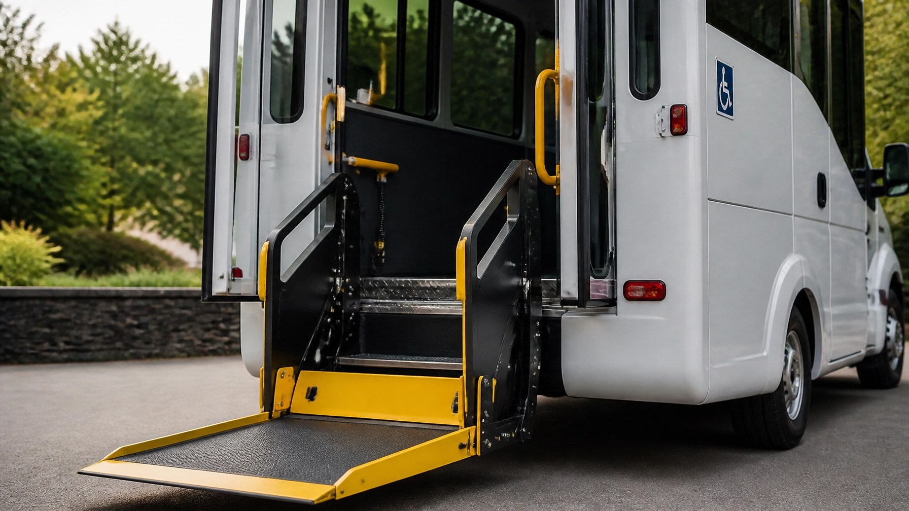 A modern wheelchair lift on an NEMT vehicle, highlighting safety and preparation.