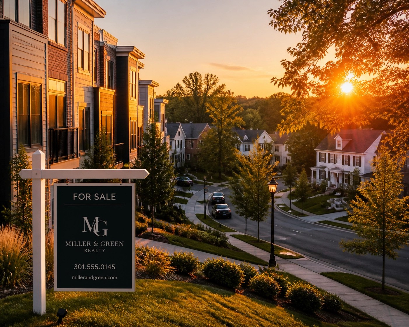 Aerial view of houses for sale in a Silver Spring Maryland neighborhood during a balanced real estate market.