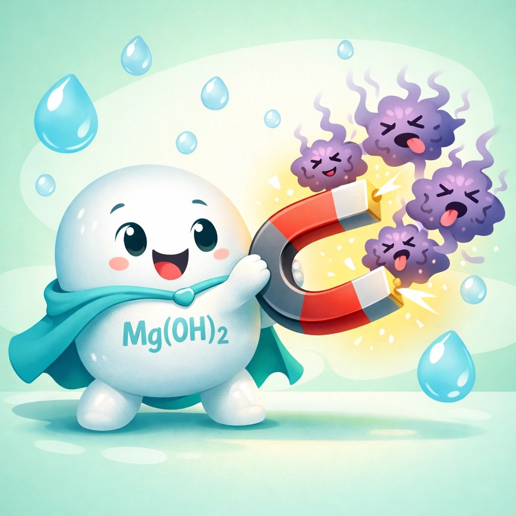 Magnesium hydroxide character trapping odor molecules in a natural deodorant for sensitive skin.