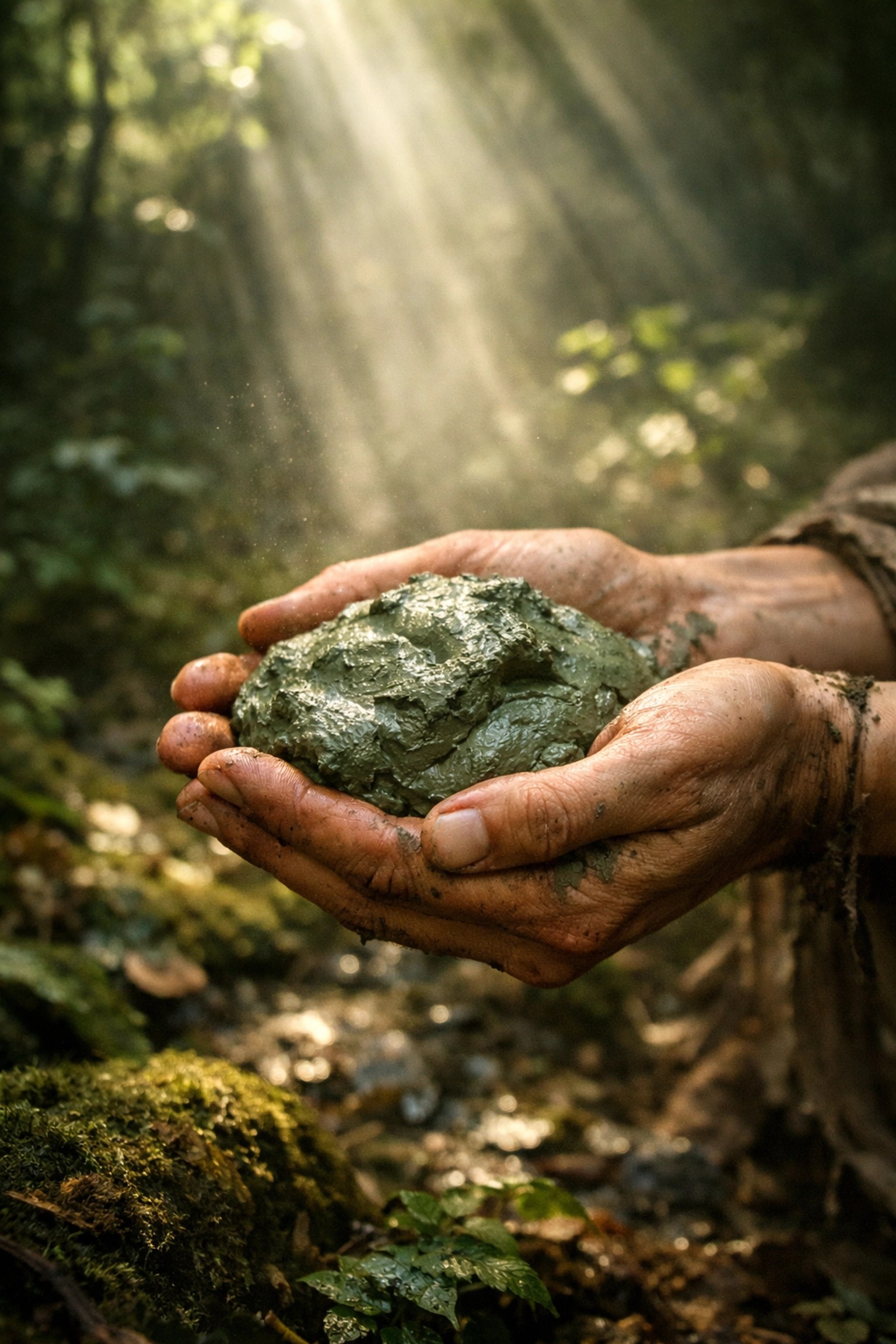Hands holding natural healing green clay in a forest for skin detox and earthing.